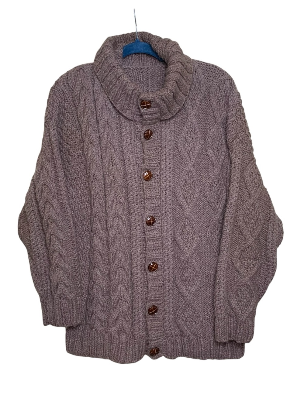 Vintage Handmade Cable Knit Button-Front Cardigan Sweater Taupe Brown L/XL Cabin